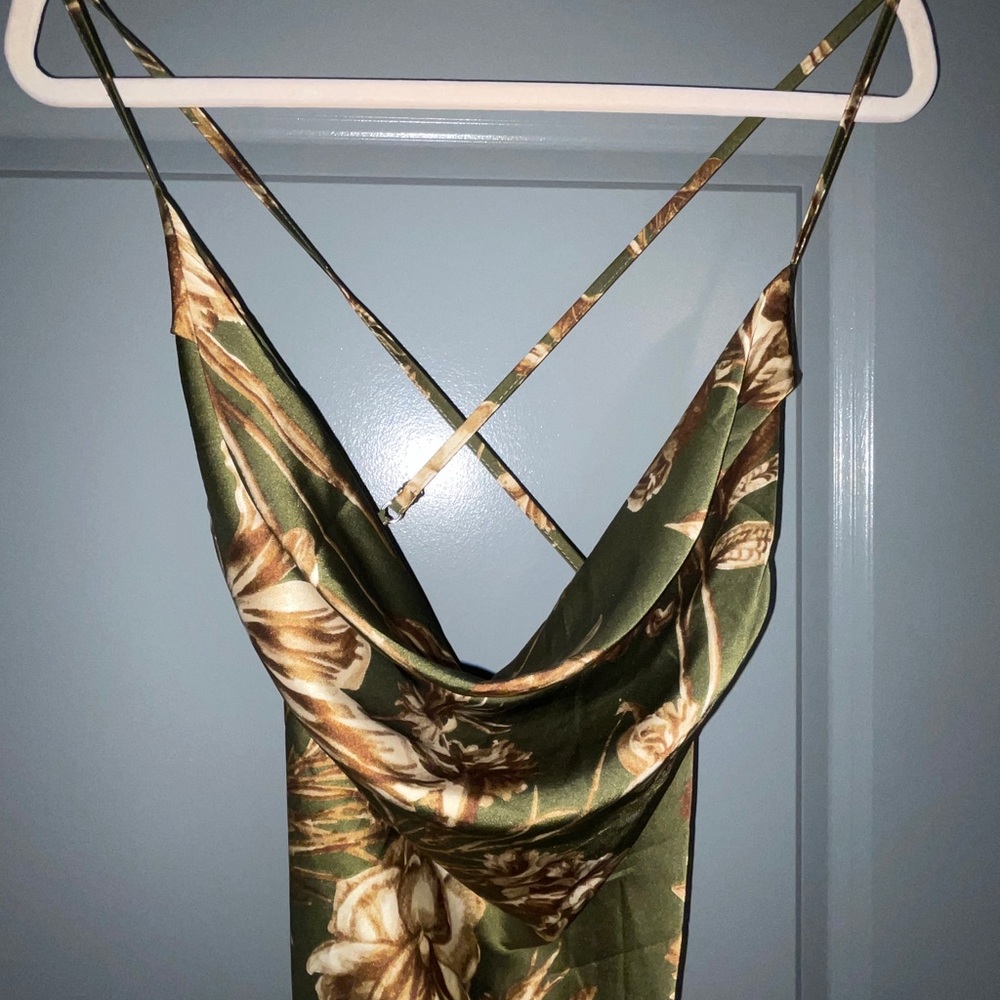 Sage green with brow and tan florals